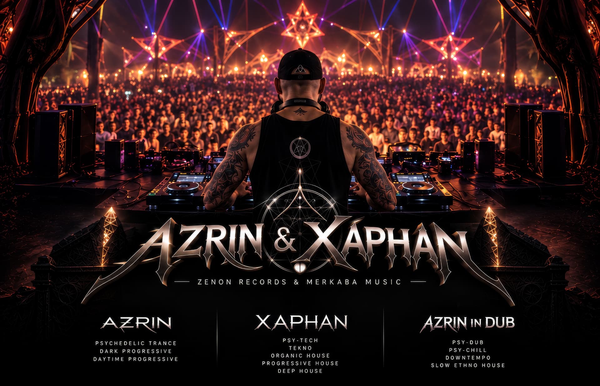 Azrin & Xaphan performing to a festival crowd, with the aliases Azrin, Xaphan and Azrin in Dub